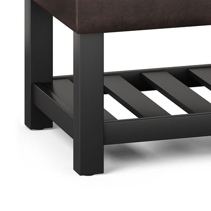 Cosmopolitan storage ottoman bench with open bottom, black metal frame, brown fabric upholstery on Tampa Home & Garden Store