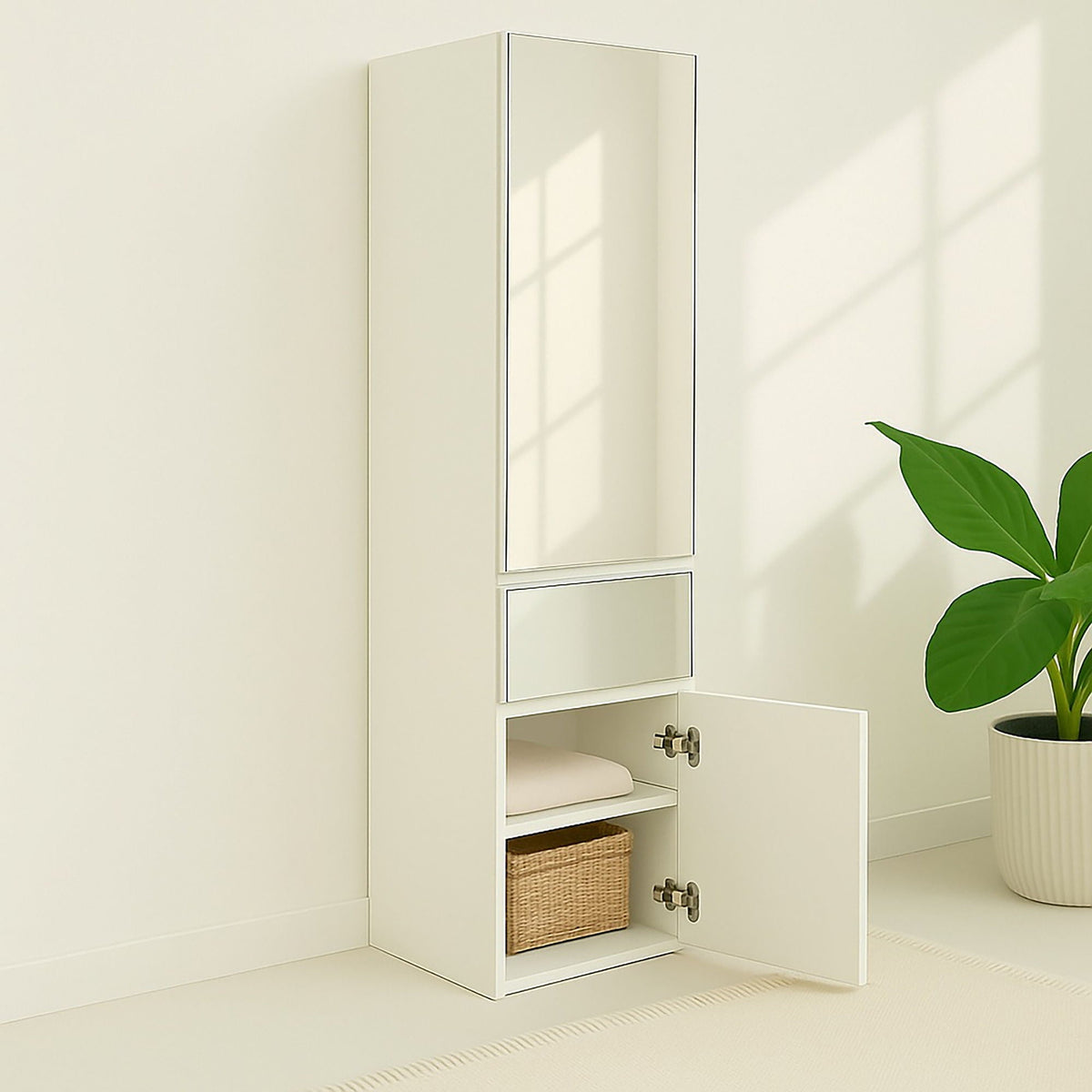 Slim white modular closet cabinet with mirrored doors and open lower shelf with woven basket on Tampa Home & Garden Store