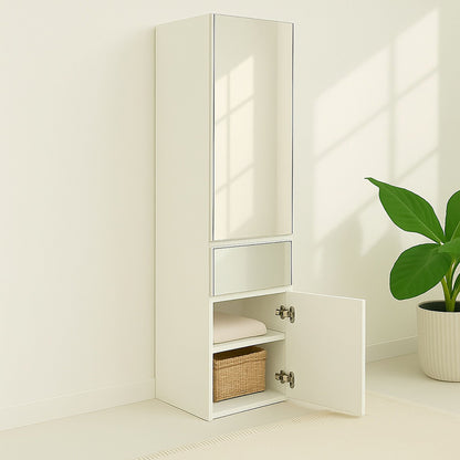 Slim white modular closet cabinet with mirrored doors and open lower shelf with woven basket on Tampa Home & Garden Store