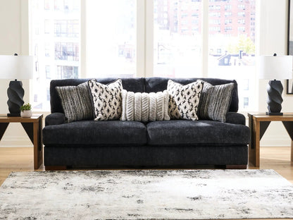 Whitmore Manor Sofa Black Pearl by Unique Piece Furniture, dark fabric with pillows, two lamps on Tampa Home & Garden Store