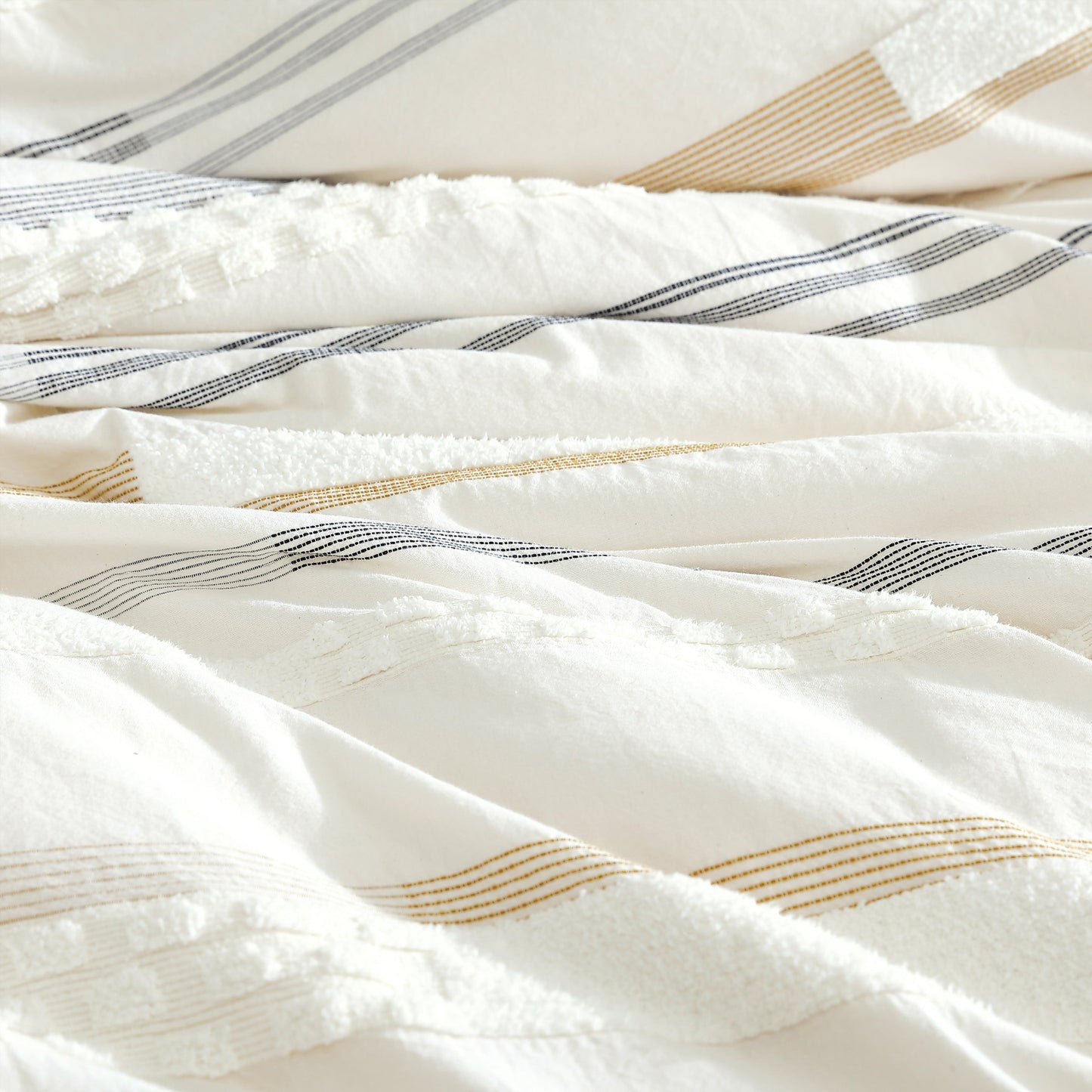 Whitten 6 PC Comforter Cover Set King white bedding with navy striped trim and tassels on Tampa Home & Garden Store