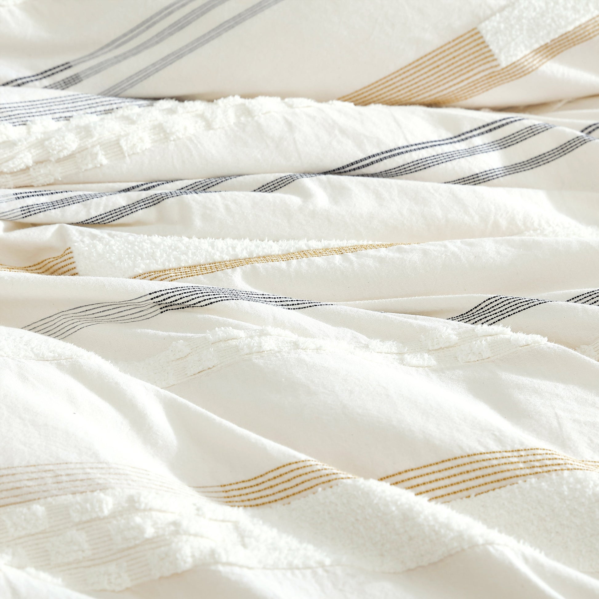 Whitten 6 PC Comforter Cover Set King white bedding with navy striped trim and tassels on Tampa Home & Garden Store