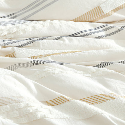 Whitten 6 PC Comforter Cover Set King white bedding with navy striped trim and tassels on Tampa Home & Garden Store