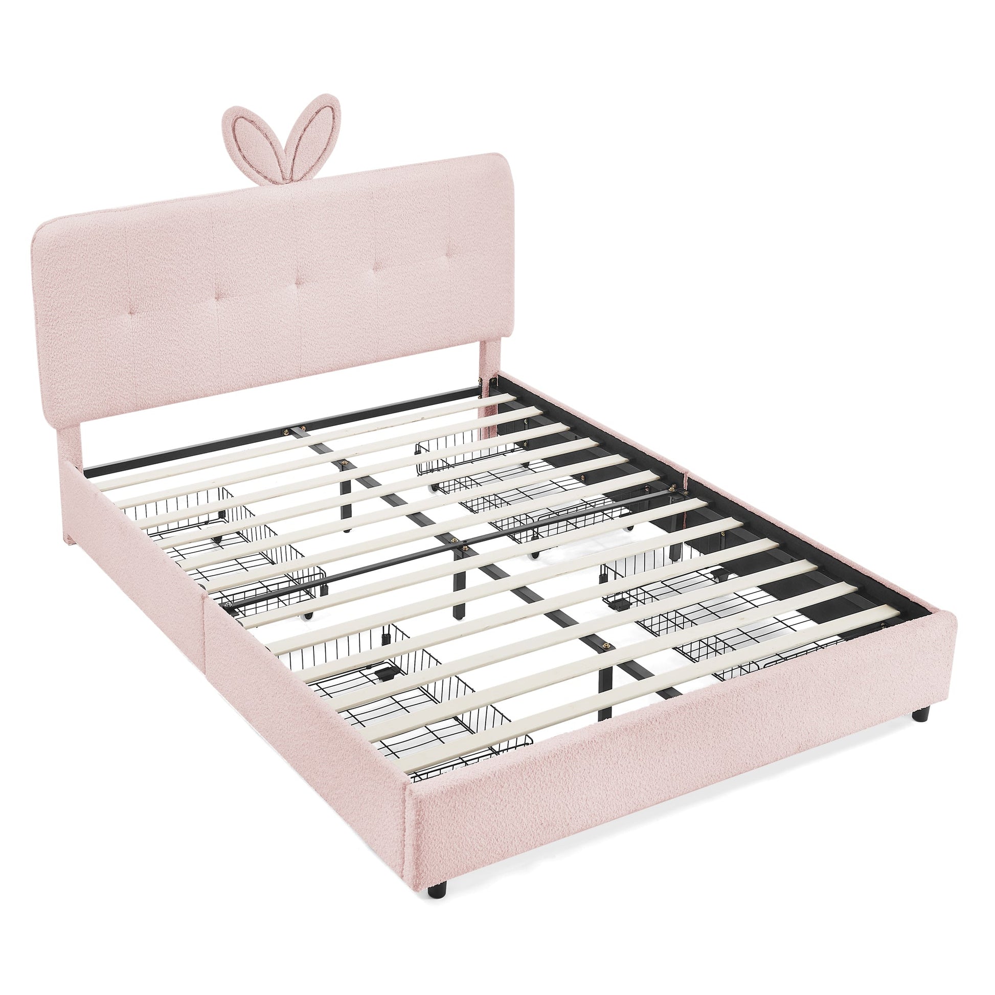 Queen size kids upholstered bed in blush pink with rabbit ear headboard and underbed storage on Tampa Home & Garden Store