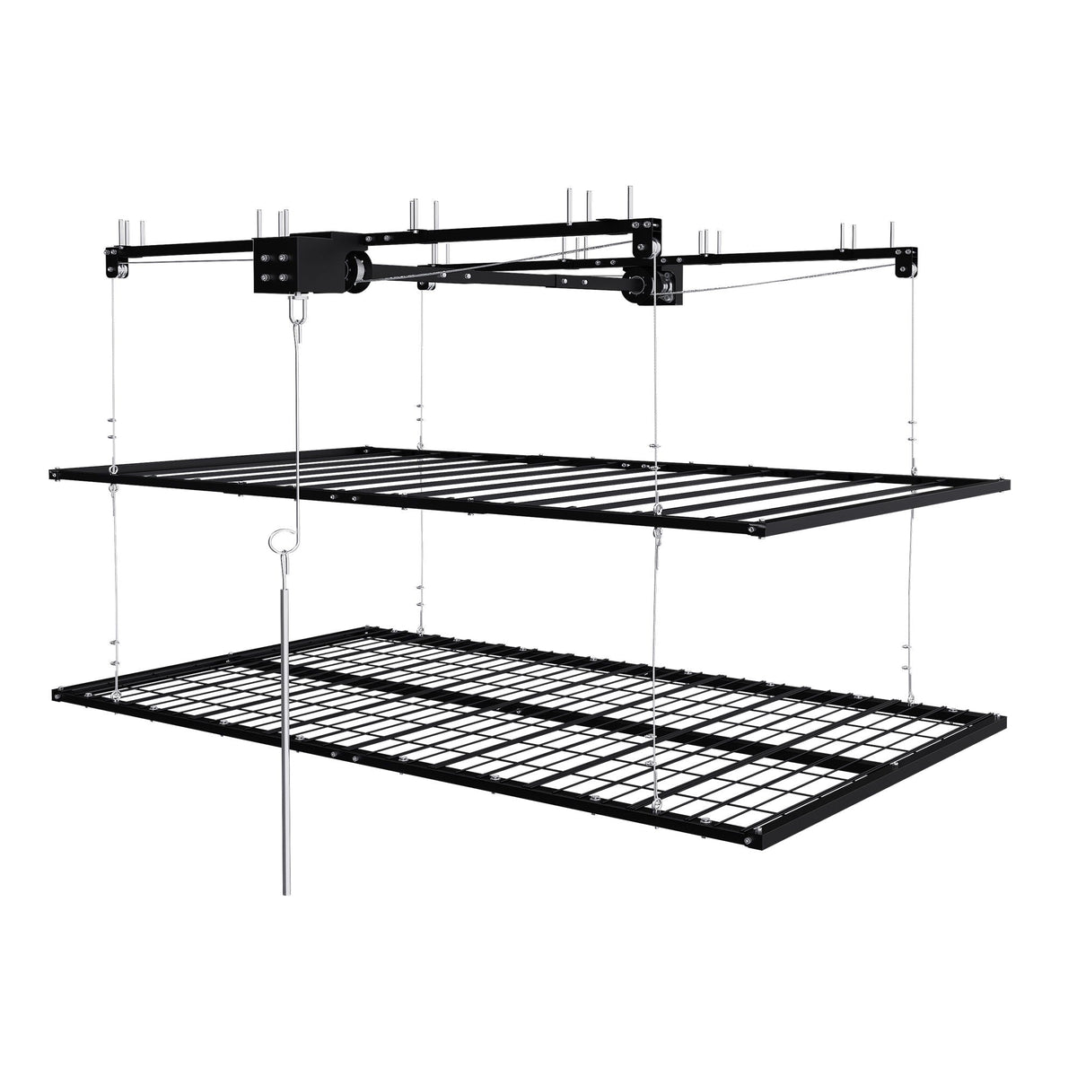 Overhead garage storage rack with crank system, black steel frame, multi-tier shelf on Tampa Home & Garden Store