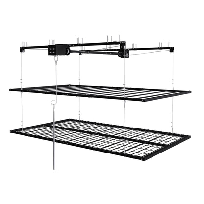 Overhead garage storage rack with crank system, black steel frame, multi-tier shelf on Tampa Home & Garden Store