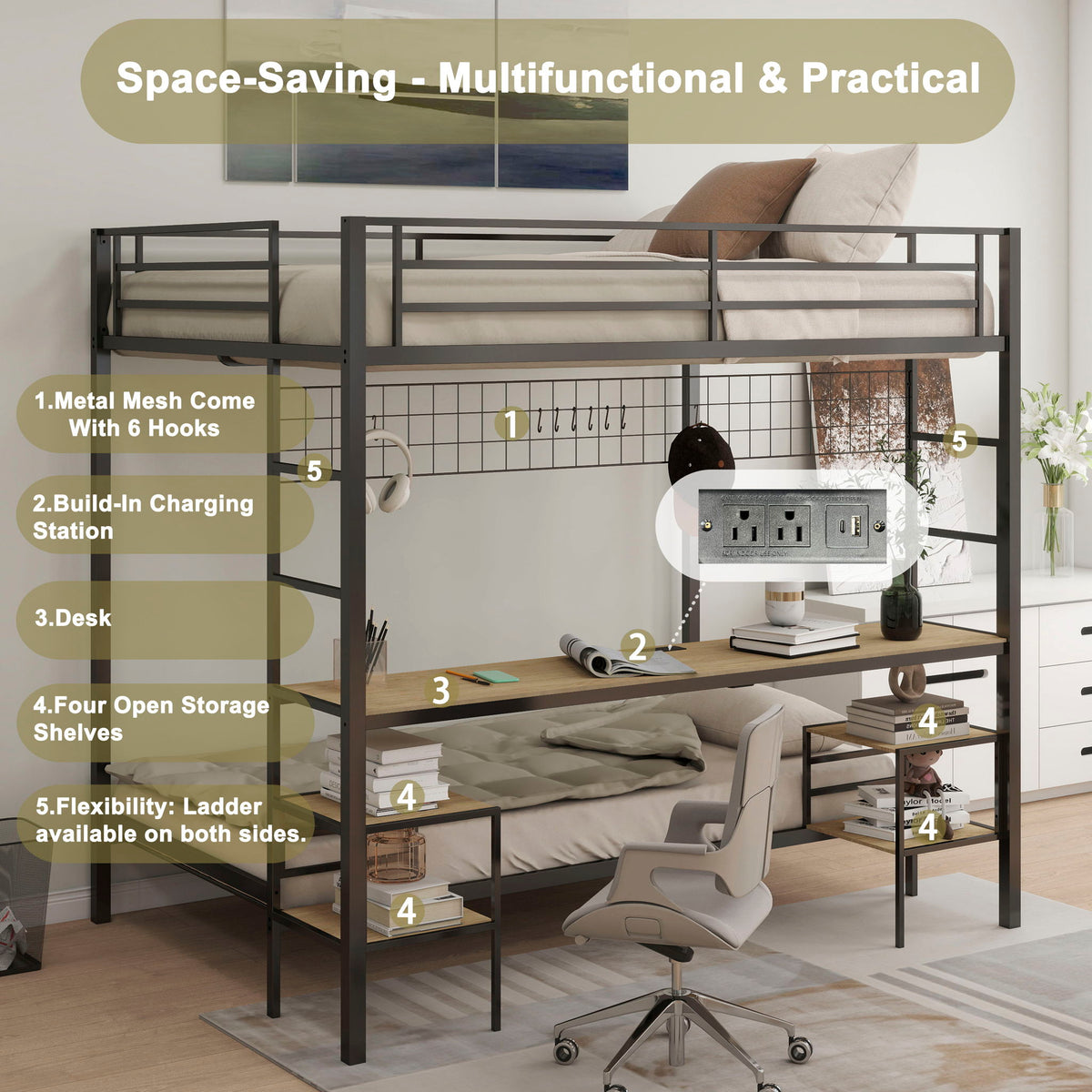 HouseOfZazla Ethan bunk bed with desk in black metal frame; charging station & 4 shelves on Tampa Home & Garden Store