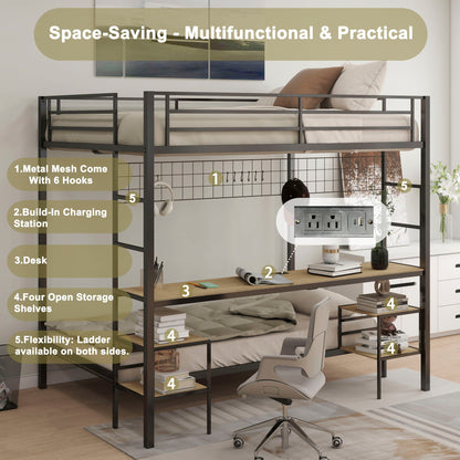 HouseOfZazla Ethan bunk bed with desk in black metal frame; charging station & 4 shelves on Tampa Home & Garden Store