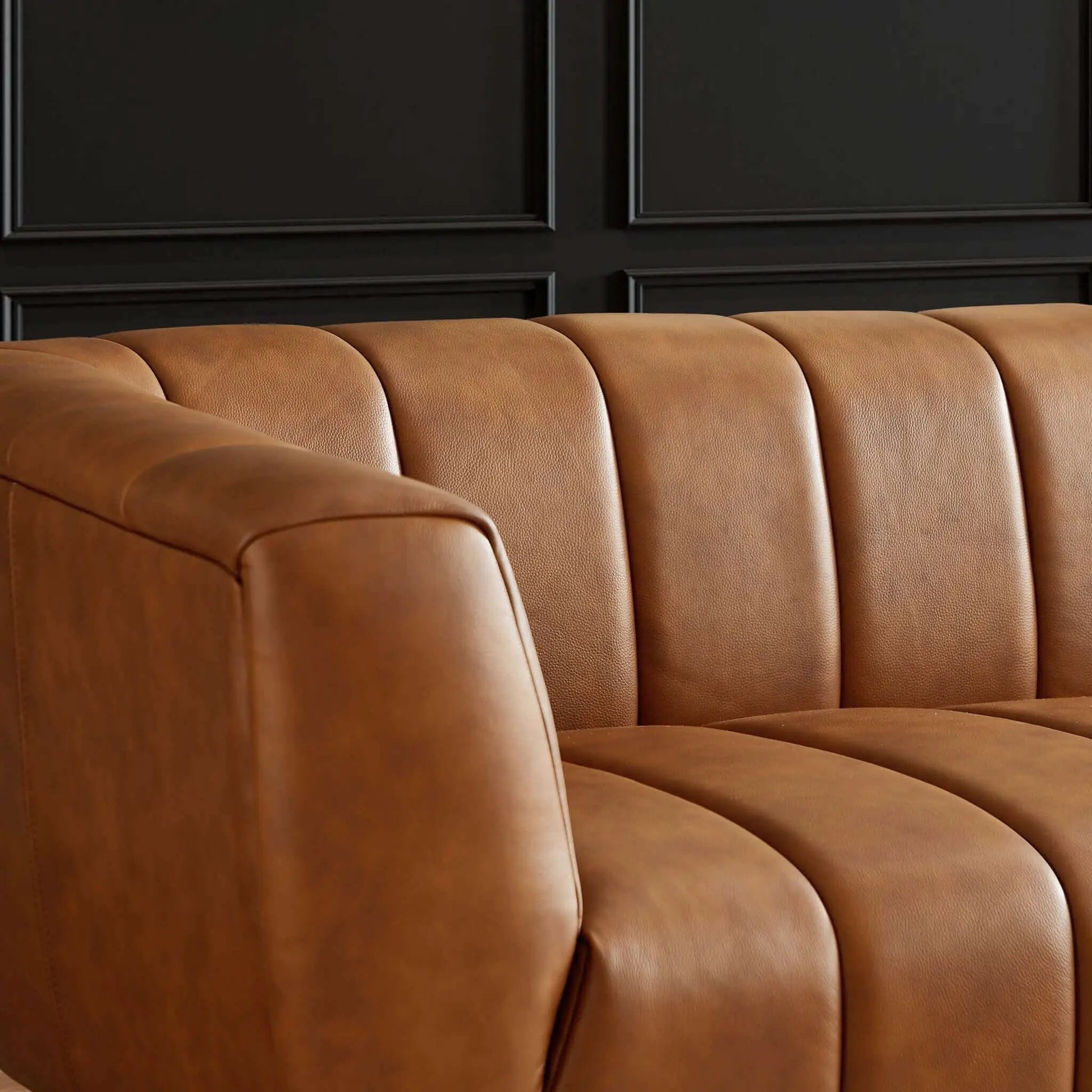 Ava sofa gold tan leather with curved panel cushions stationary Unique Piece Furniture on Tampa Home & Garden Store