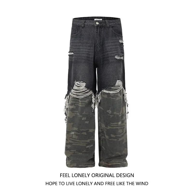 Men's FLIPSTYLEZLLC camo stitched wide-leg jeans, distressed denim with camo lower legs on Tampa Home & Garden Store