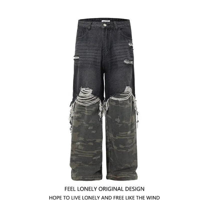 Men's FLIPSTYLEZLLC camo stitched wide-leg jeans, distressed denim with camo lower legs on Tampa Home & Garden Store