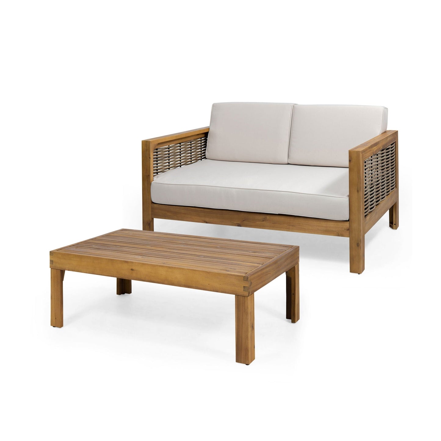 Outdoor patio set with teak frame, beige cushions, loveseat and coffee table by HouseOfZazla on Tampa Home & Garden Store