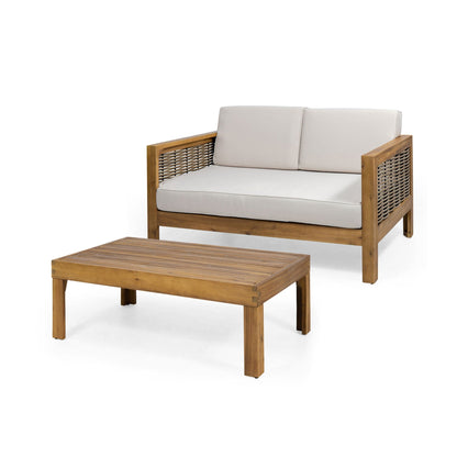 Outdoor patio set with teak frame, beige cushions, loveseat and coffee table by HouseOfZazla on Tampa Home & Garden Store
