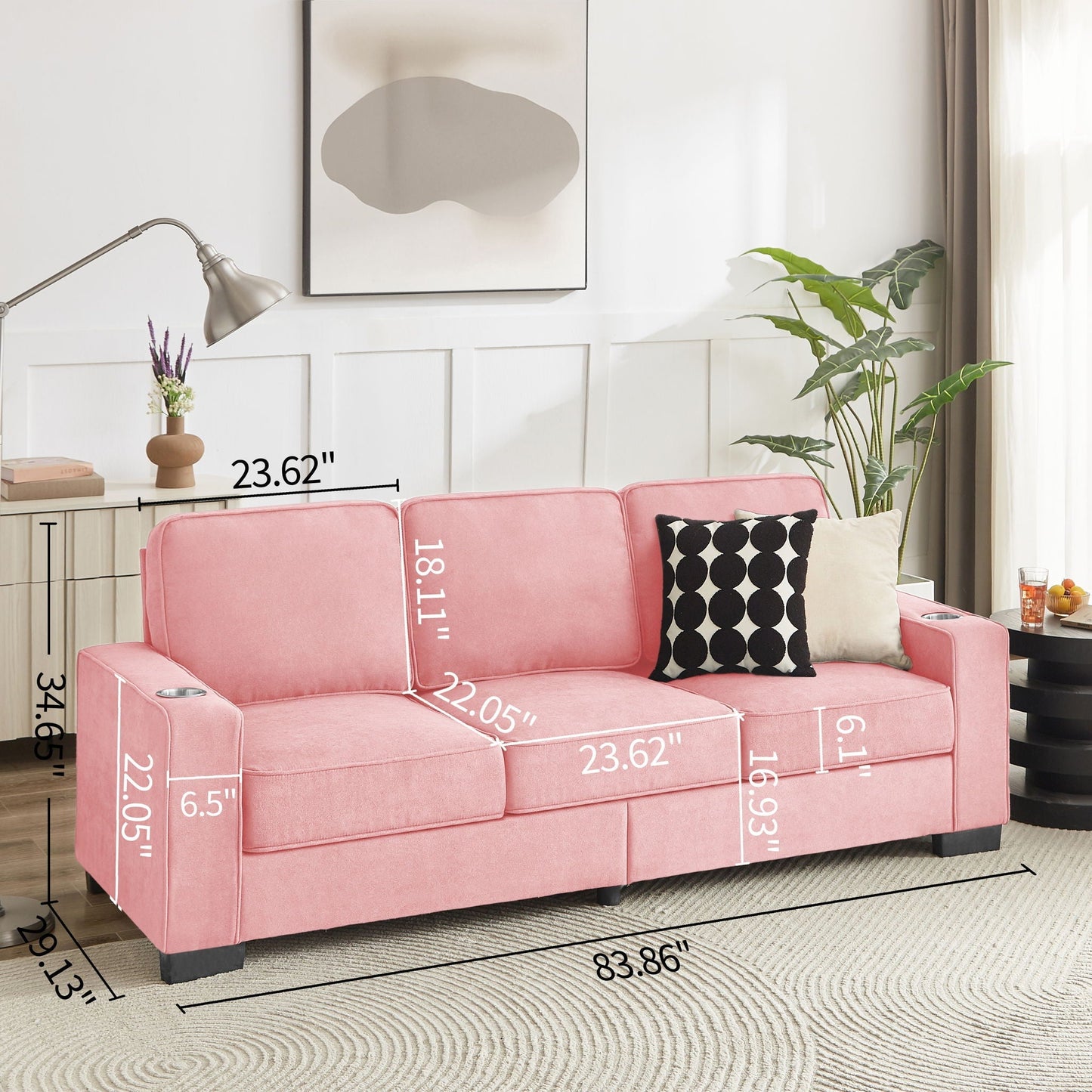 Modern Snowfleece 3 Seater Sofa With Cup Holder in pink upholstery HouseOfZazla on Tampa Home & Garden Store