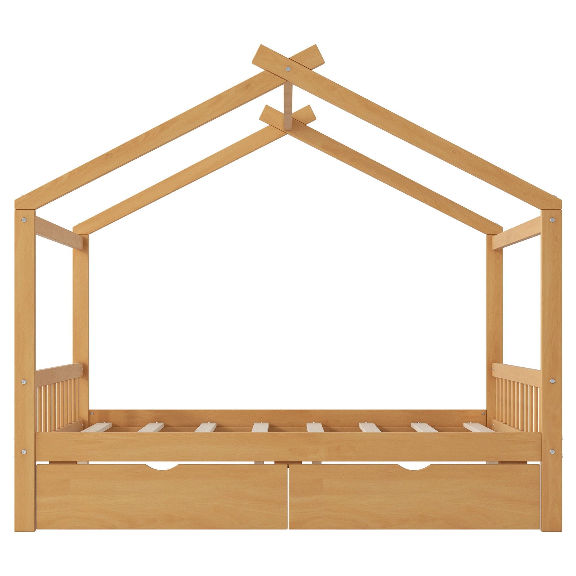 House style platform bed with headboard and footboard in natural wood, roof frame, 2 drawers on Tampa Home & Garden Store