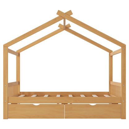 House style platform bed with headboard and footboard in natural wood, roof frame, 2 drawers on Tampa Home & Garden Store