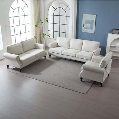 68 Inch rolled-arm sofa in light gray fabric with nailhead trim in a modern living room setup on Tampa Home & Garden Store