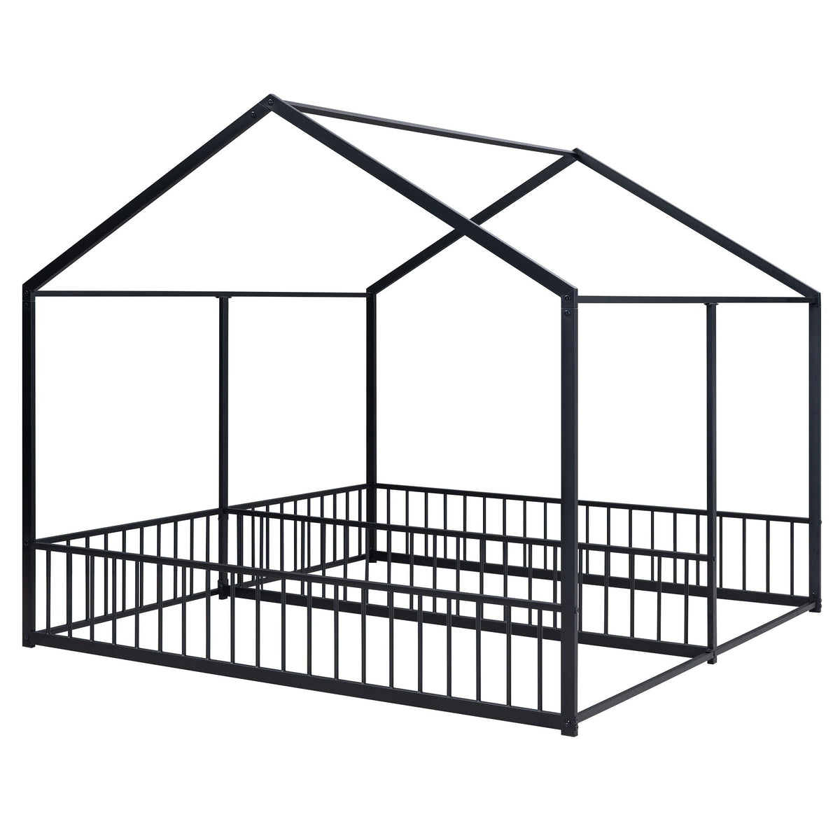 HouseOfZazla metal platform bed frame with guardrails, black, house-shaped roof design on Tampa Home & Garden Store