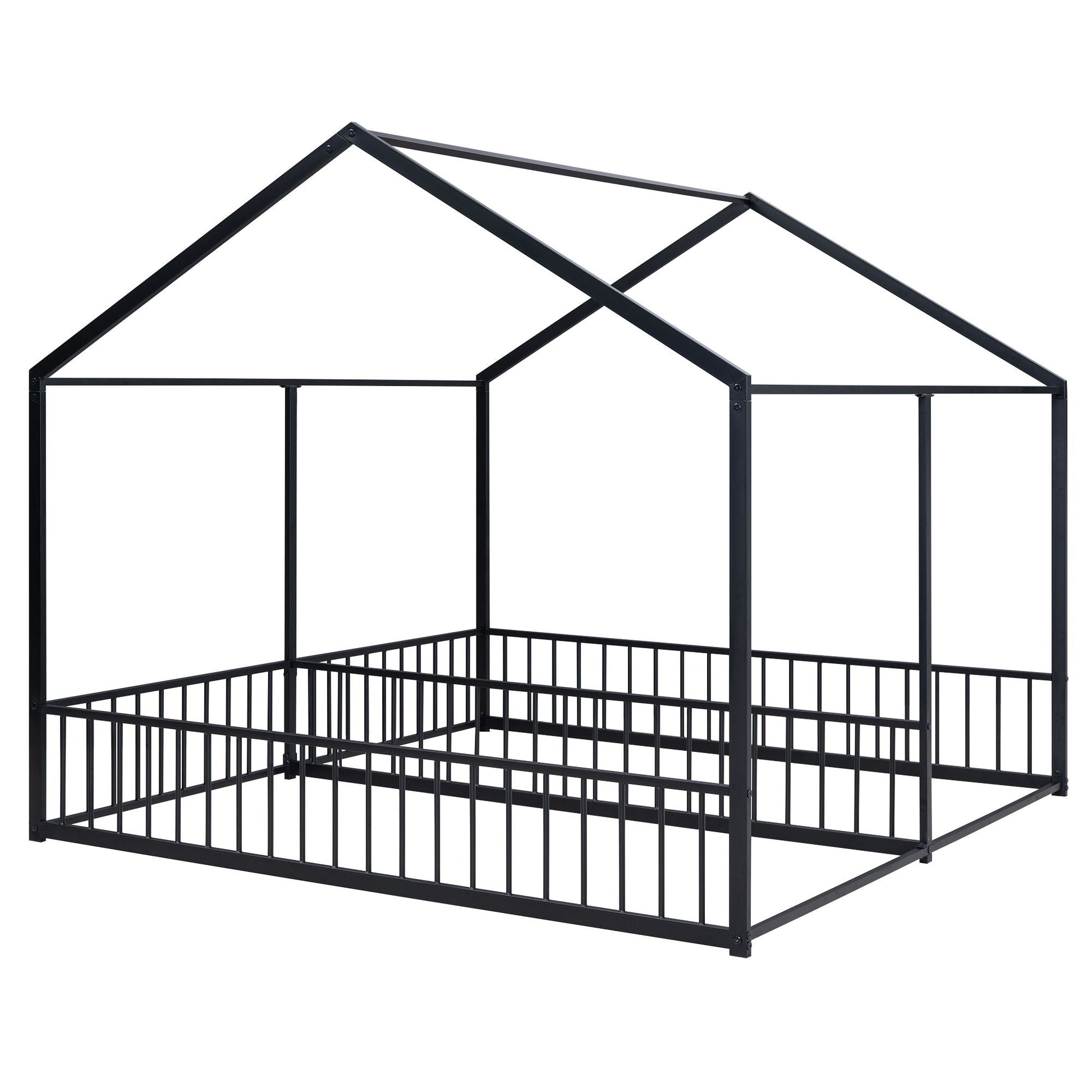 HouseOfZazla metal platform bed frame with guardrails, black, house-shaped roof design on Tampa Home & Garden Store