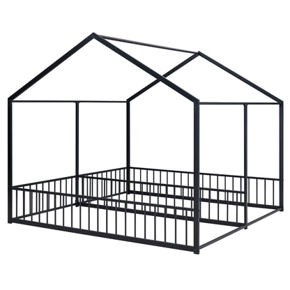 HouseOfZazla metal platform bed frame with guardrails, black, house-shaped roof design on Tampa Home & Garden Store
