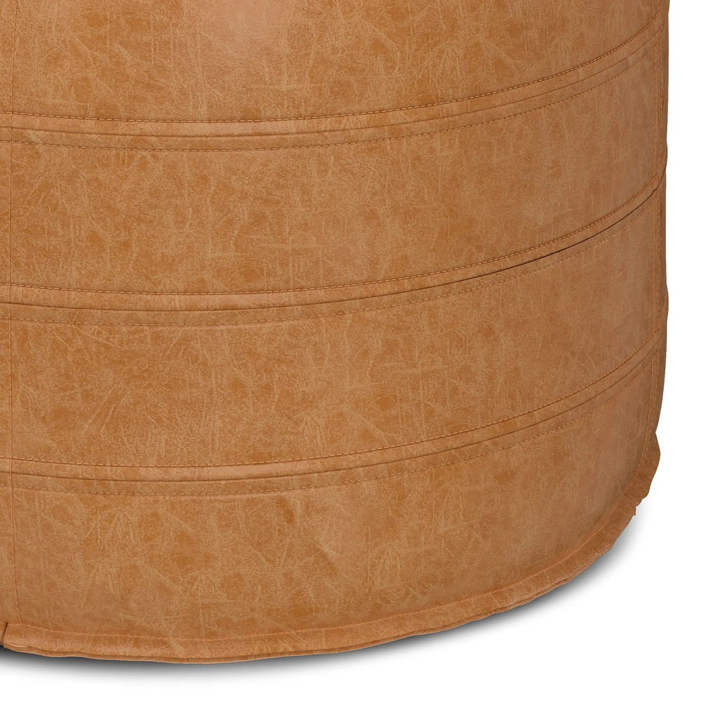 Brody Round Pouf by Unique Piece Furniture, tan leather-look with stitched bands on Tampa Home & Garden Store