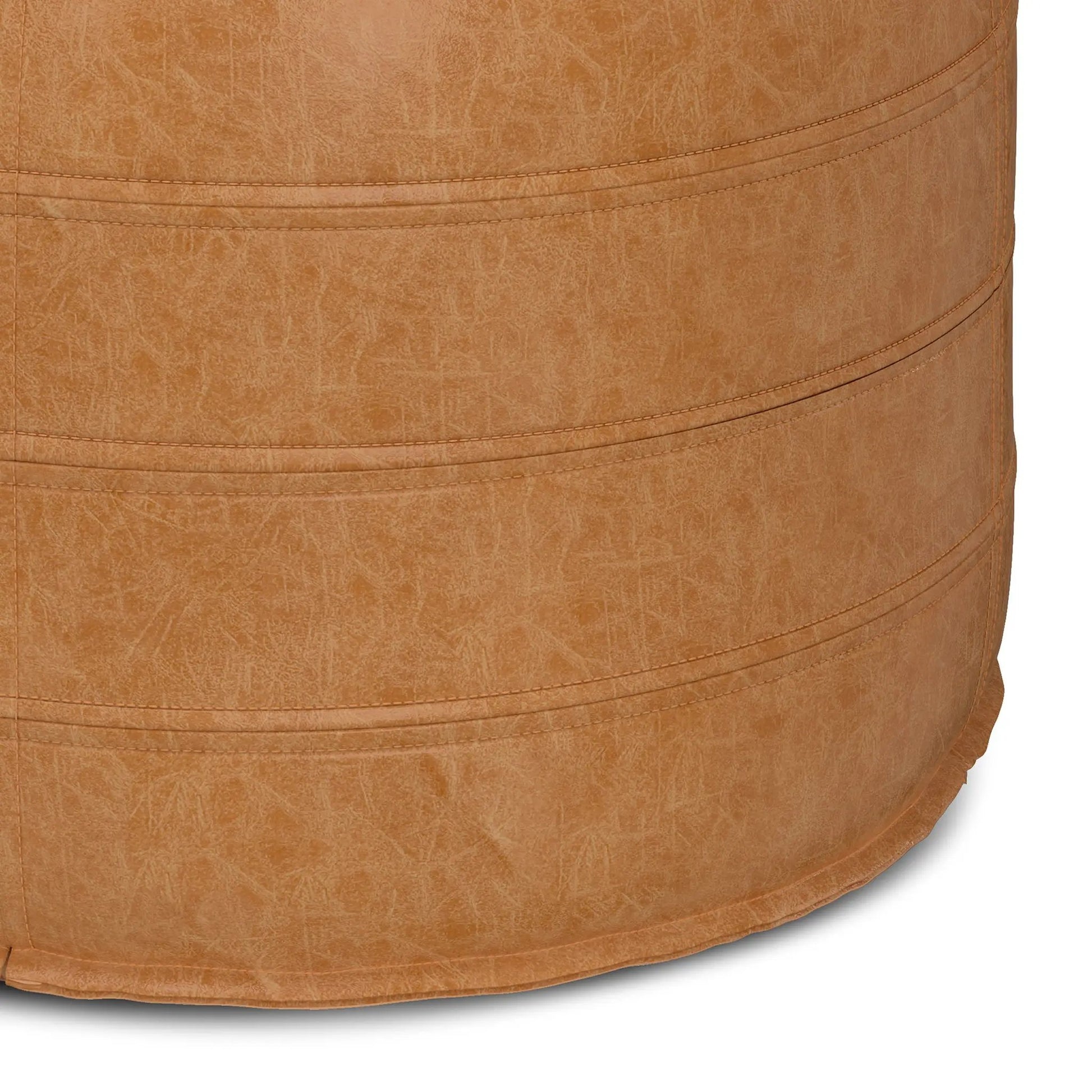 Brody Round Pouf by Unique Piece Furniture, tan leather-look with stitched bands on Tampa Home & Garden Store