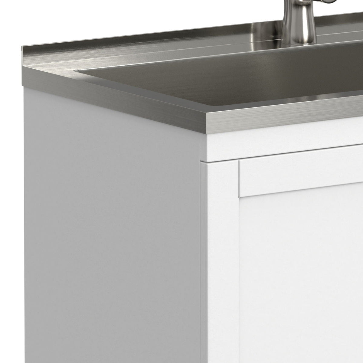 Deluxe Laundry Cabinet With Sink And Faucet Unit, white vanity with stainless countertop on Tampa Home & Garden Store