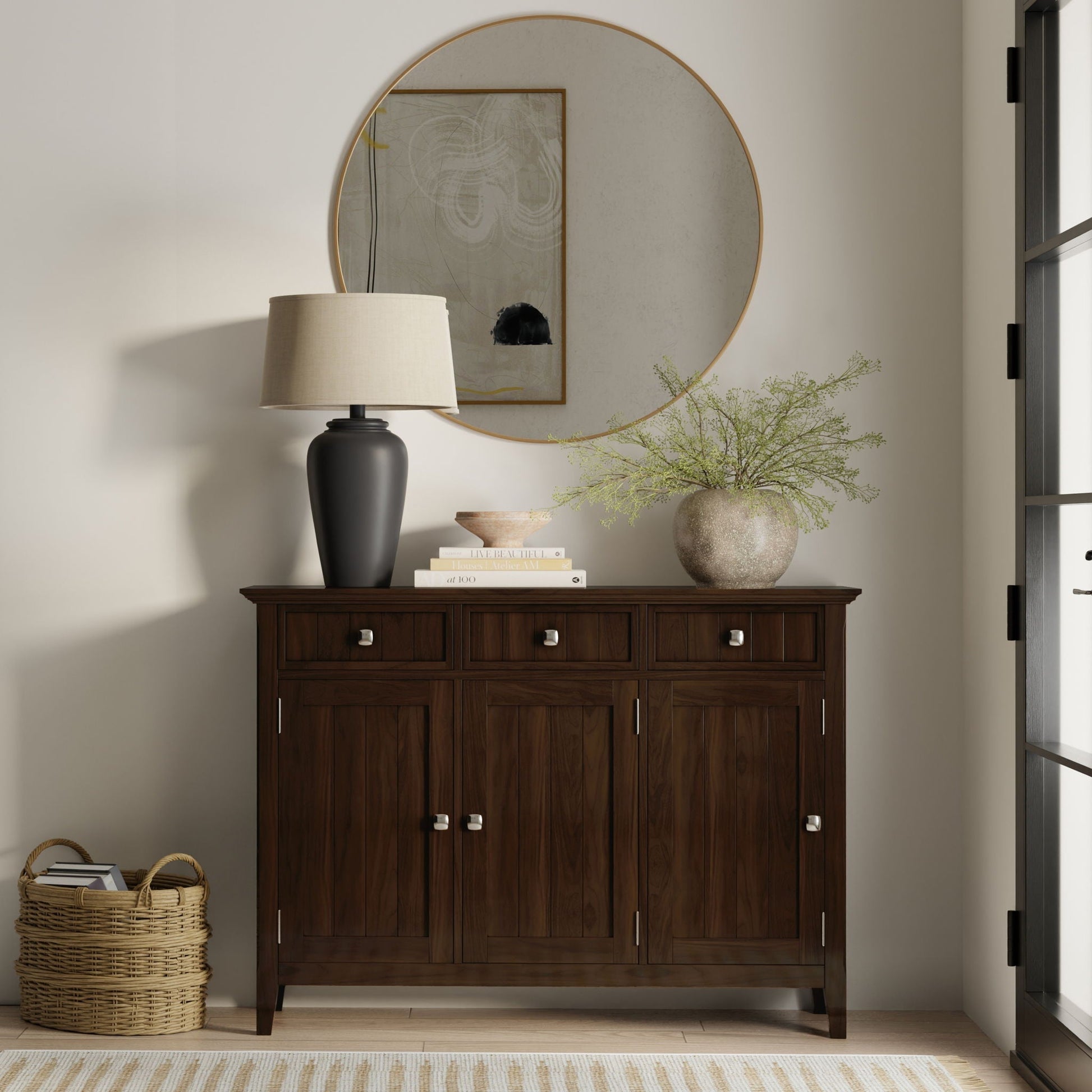 Acadian brown entryway storage cabinet dark wood accent cabinet with metal pulls HouseOfZazla on Tampa Home & Garden Store