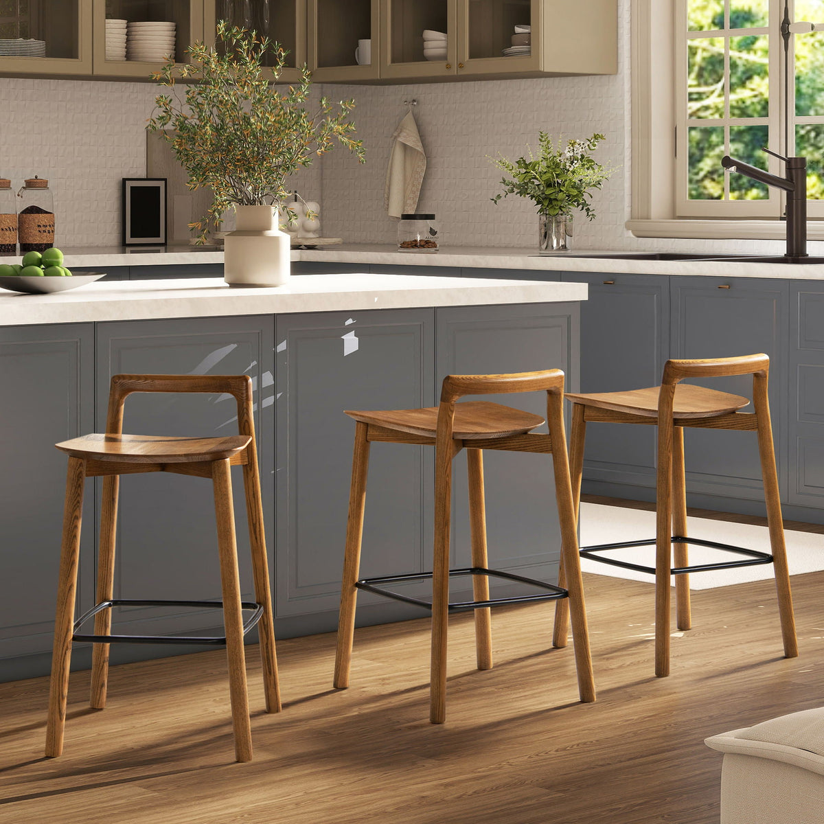 Modern Minimalist Low Back Counter Stools Dark Brown Walnut ash wood with metal footrest, 4pc on Tampa Home & Garden Store