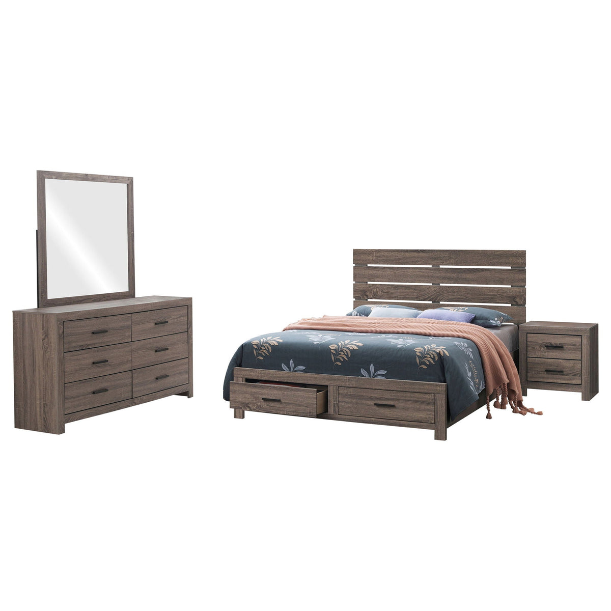 Sherwood 4-piece bedroom set with platform bed in dark wood; dresser with mirror and nightstand on Tampa Home & Garden Store