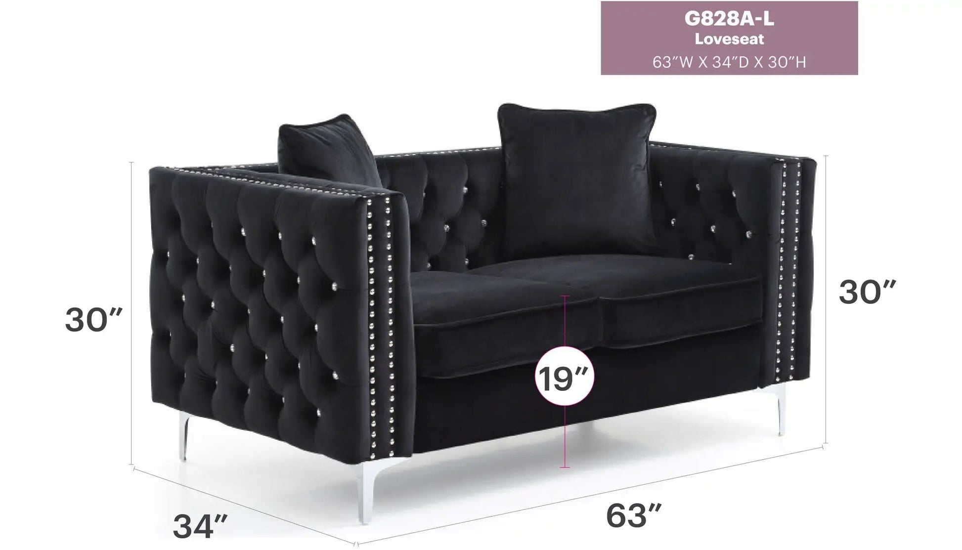 Elegant Track Arm Loveseat black tufted velvet with studded arms 63W x 34D x 30H Unique Piece on Tampa Home & Garden Store