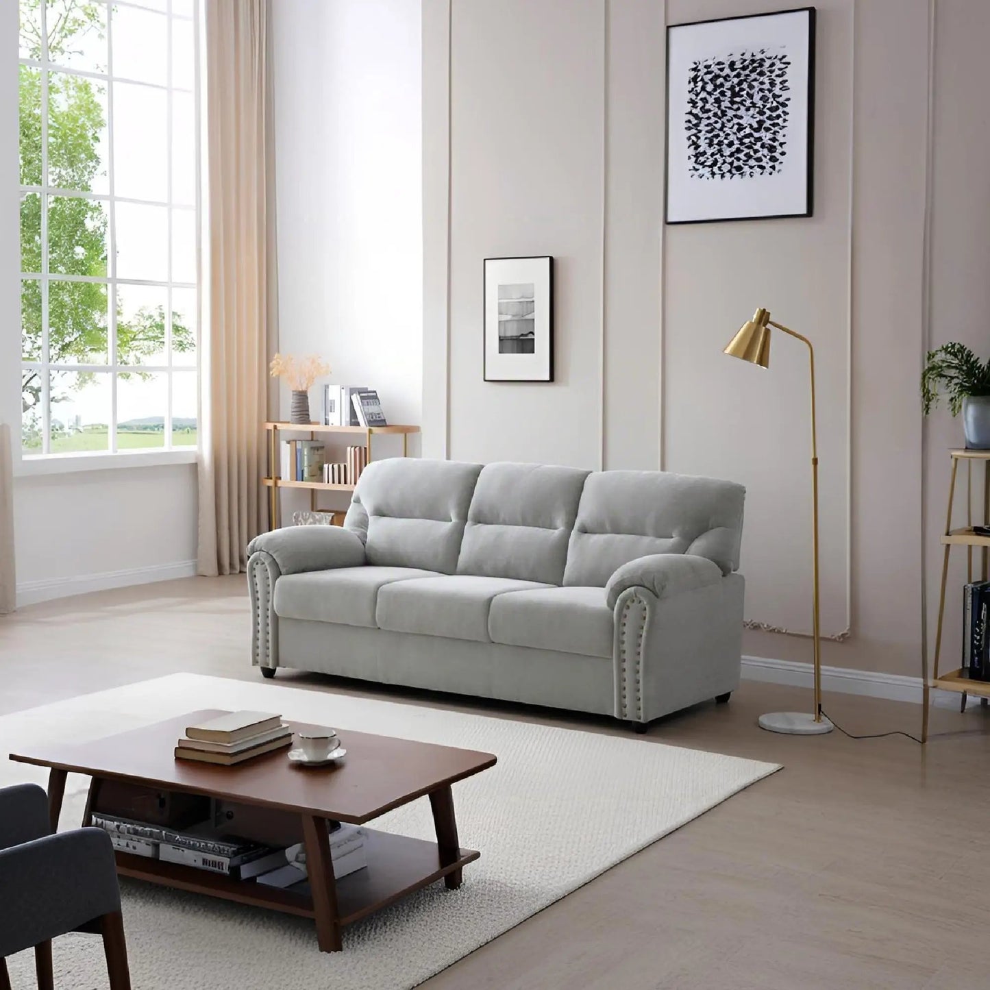 Hamilton sofa with nailhead trim in light gray upholstery by Unique Piece Furniture on Tampa Home & Garden Store