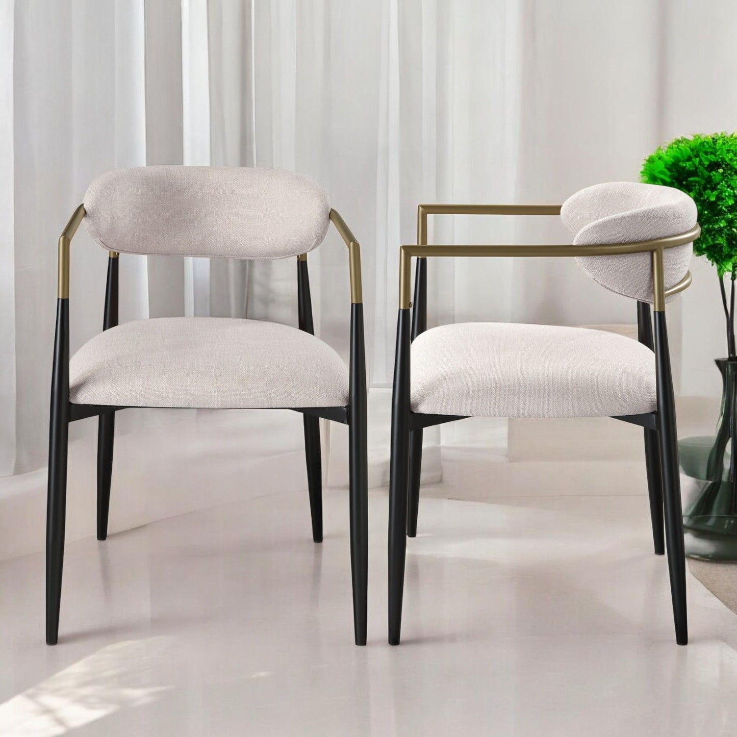 Jaramillo Contemporary Side Chair set of 2 in beige fabric with gold frame and black legs on Tampa Home & Garden Store
