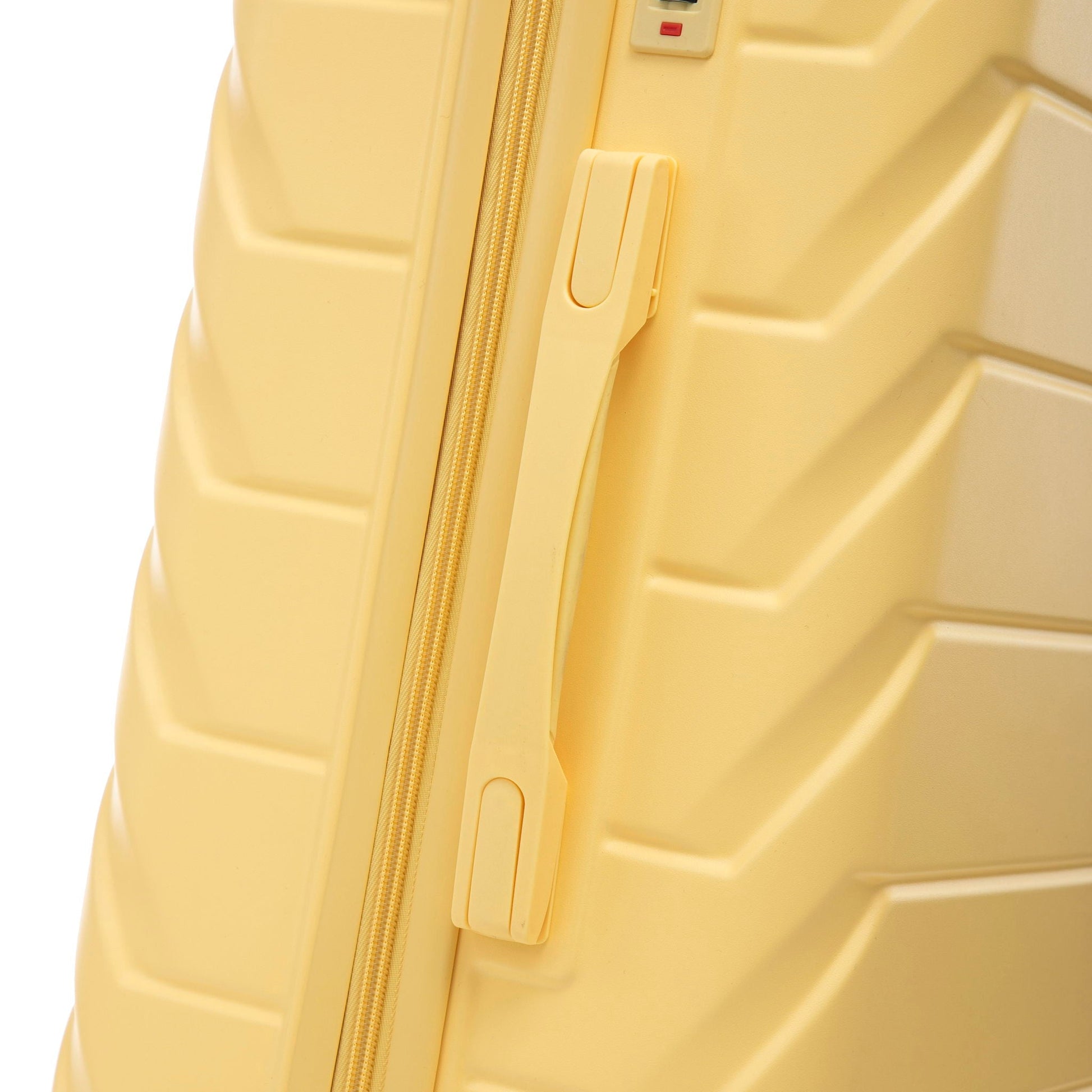 3-piece spinner luggage set yellow hard-shell case with zipper and latch close-up on Tampa Home & Garden Store