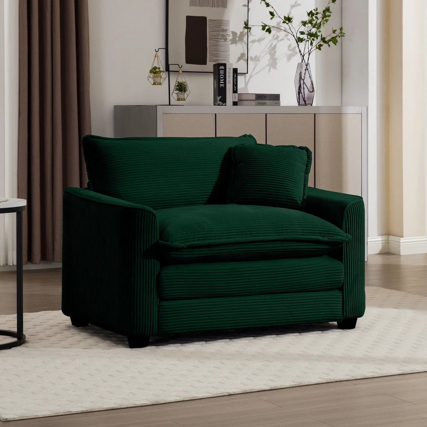 Modern Classic Fabric Single Arm Chair deep green velvet with ribbed pattern and pillow on Tampa Home & Garden Store