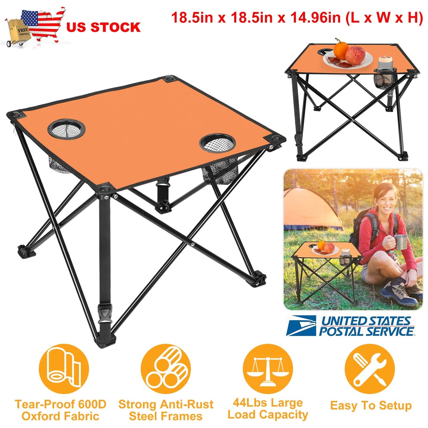 GemGear foldable camping table orange Oxford fabric top with dual cup holders on steel frame on Tampa Home & Garden Store