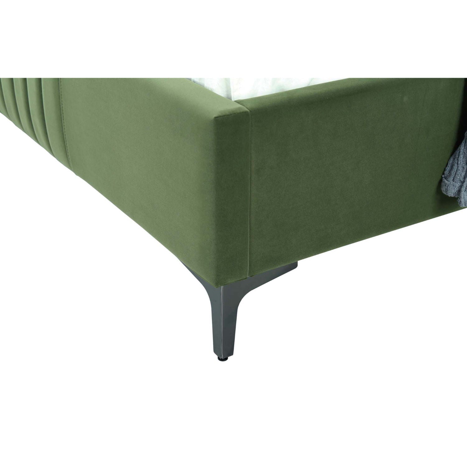 Promenade bed with upholstered headboard in green fabric, slats included, metal legs on Tampa Home & Garden Store
