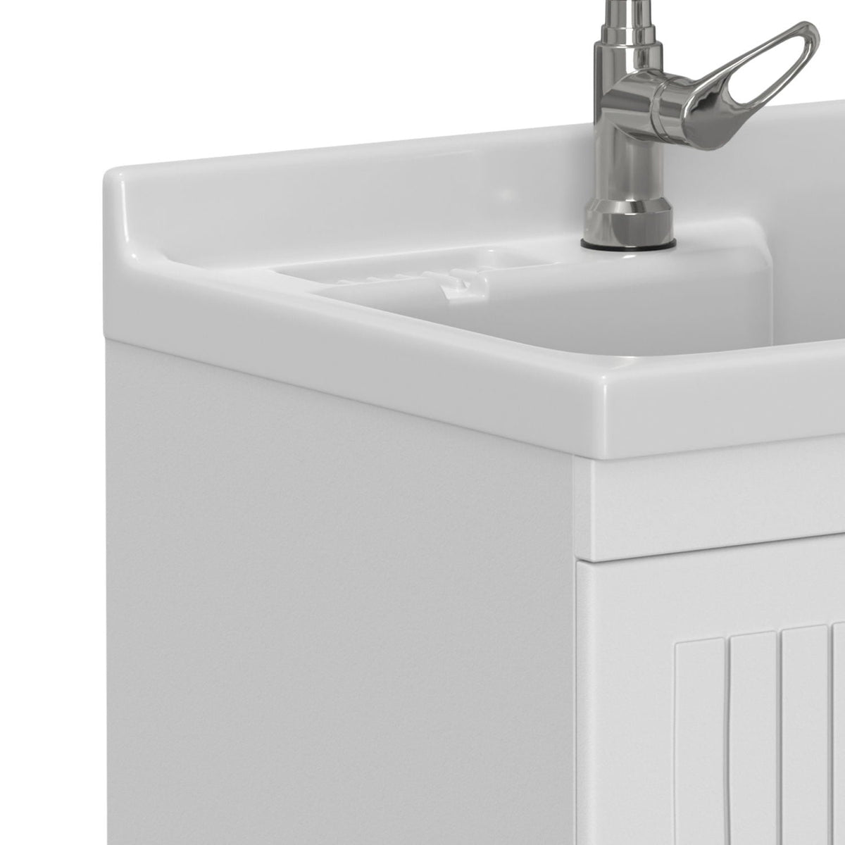 White laundry cabinet with stainless steel sink and chrome faucet on Tampa Home & Garden Store