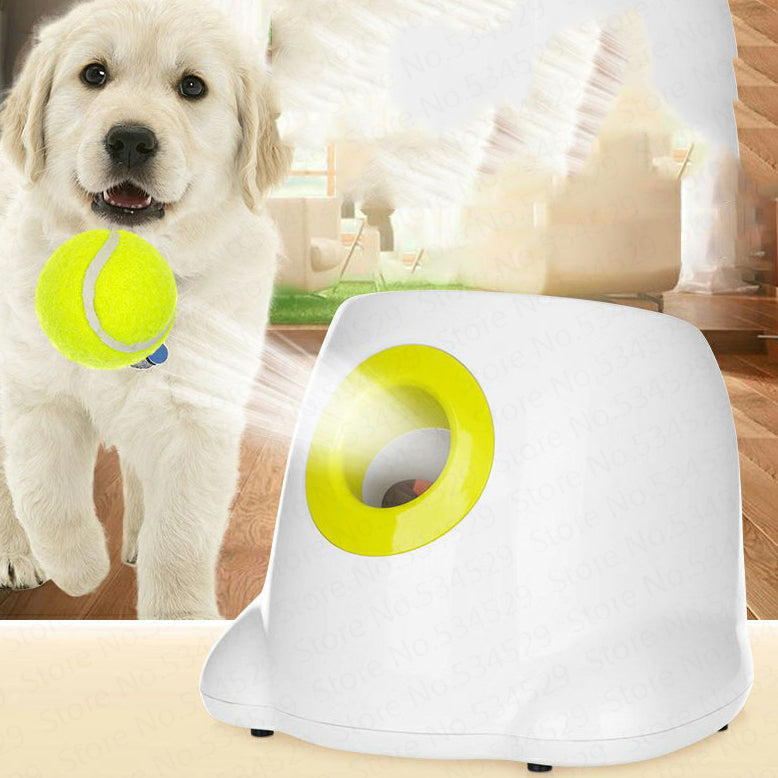 Dog Pet Automatic Interactive Ball Launcher white housing with neon yellow ring and ball on Tampa Home & Garden Store