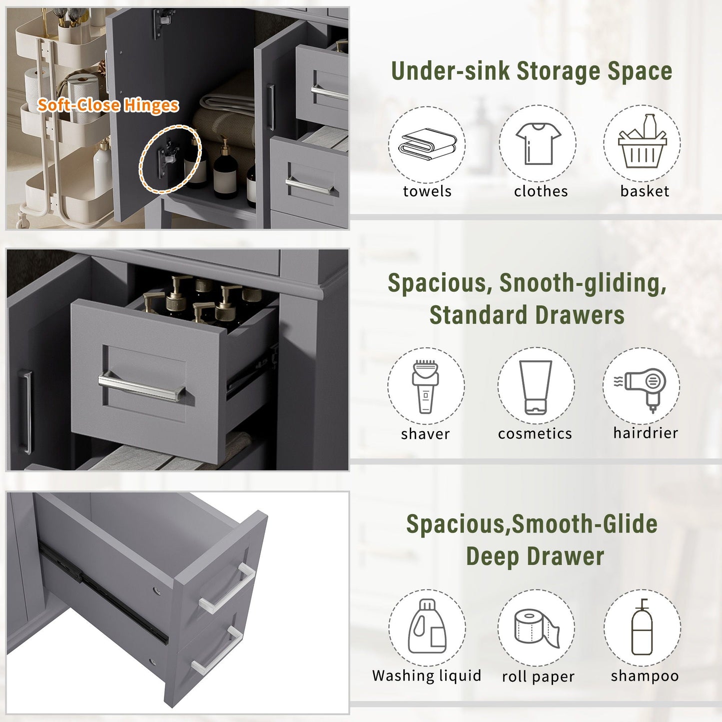 Modern bathroom vanity with sink in gray, under-sink storage and soft-close doors and drawers on Tampa Home & Garden Store