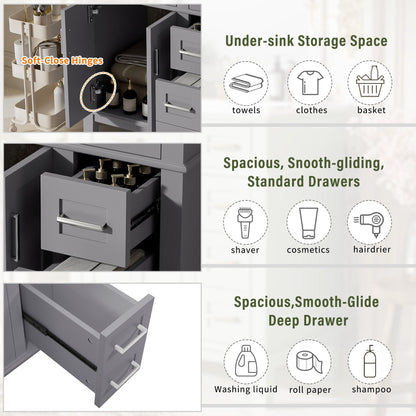 Modern bathroom vanity with sink in gray, under-sink storage and soft-close doors and drawers on Tampa Home & Garden Store