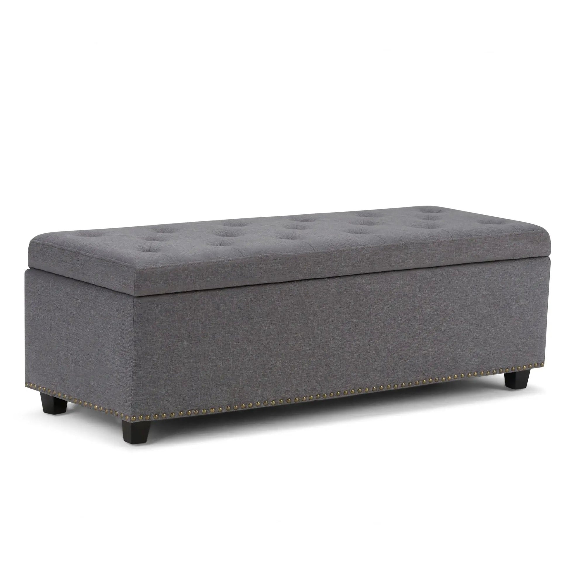 Hamilton gray upholstered storage ottoman with tufted lid and nailhead trim by Unique Piece on Tampa Home & Garden Store