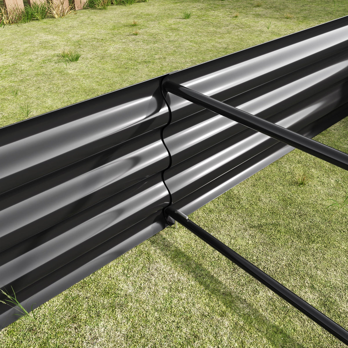 Metal raised garden bed, rectangle planter, black finish with bar support over yard on Tampa Home & Garden Store
