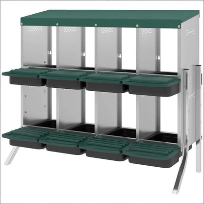 Egg Laying Boxes metal chicken nesting unit; 6 compartments with green lids and stainless frame on Tampa Home & Garden Store