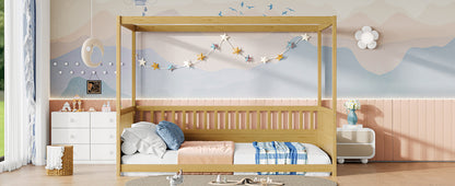 Full size wooden canopy bed frame with guardrails for kids, natural finish by HouseOfZazla on Tampa Home & Garden Store