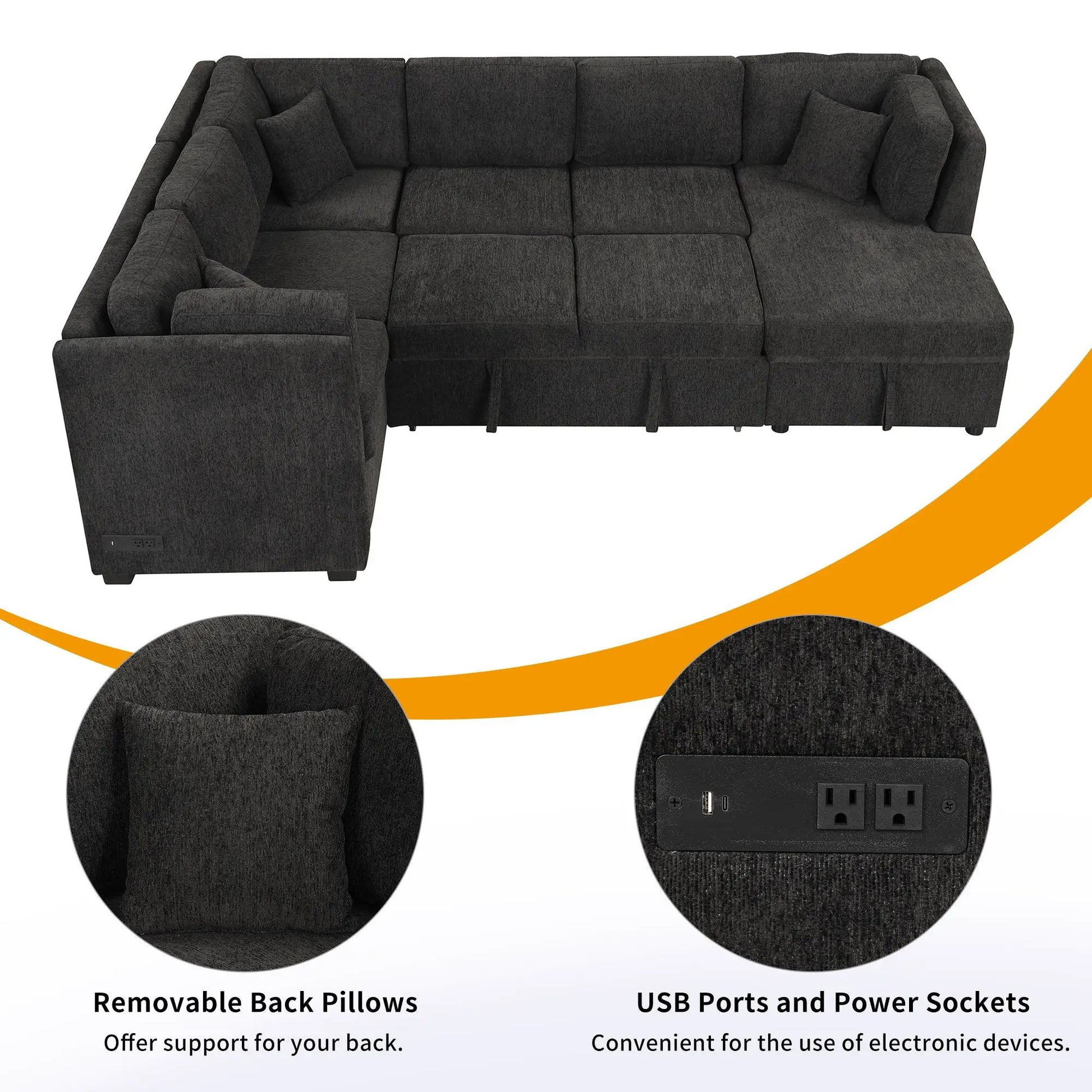 U-shaped sleeper sectional in dark gray fabric with storage chaise, 3 back pillows, USB ports on Tampa Home & Garden Store