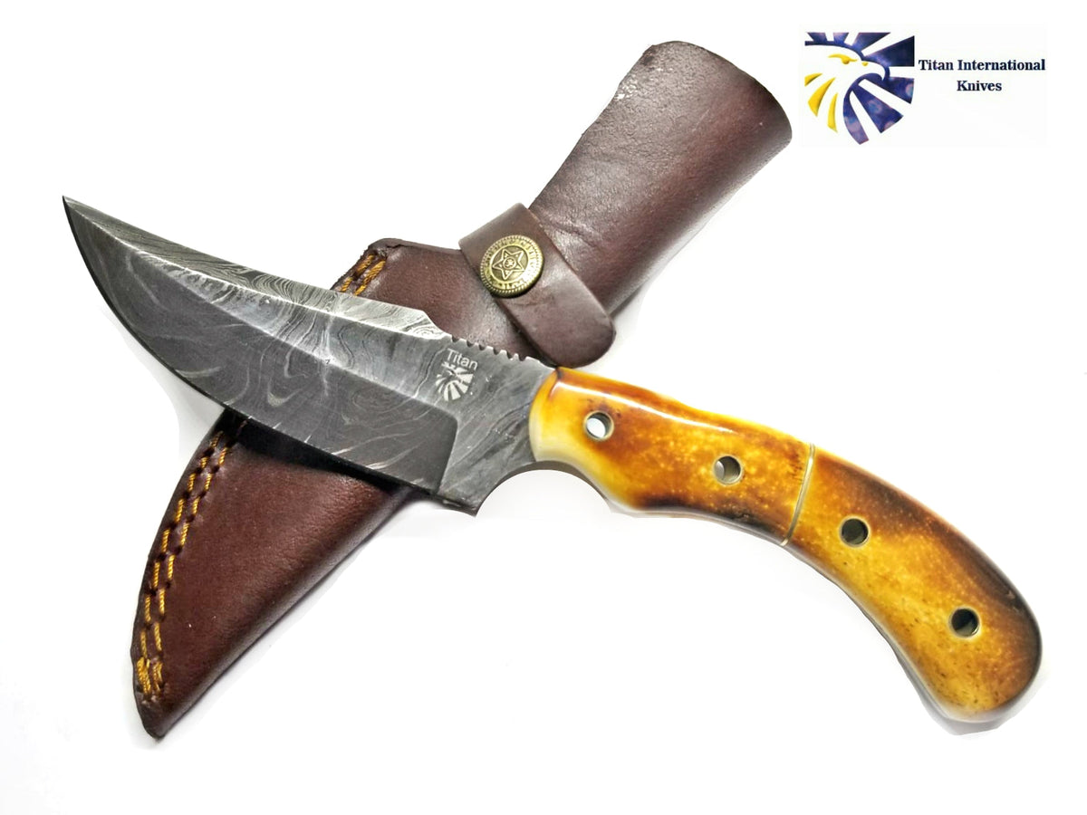 Damascus knife TD-173 with burnt bone handle and leather sheath by Titan International Knives on Tampa Home & Garden Store