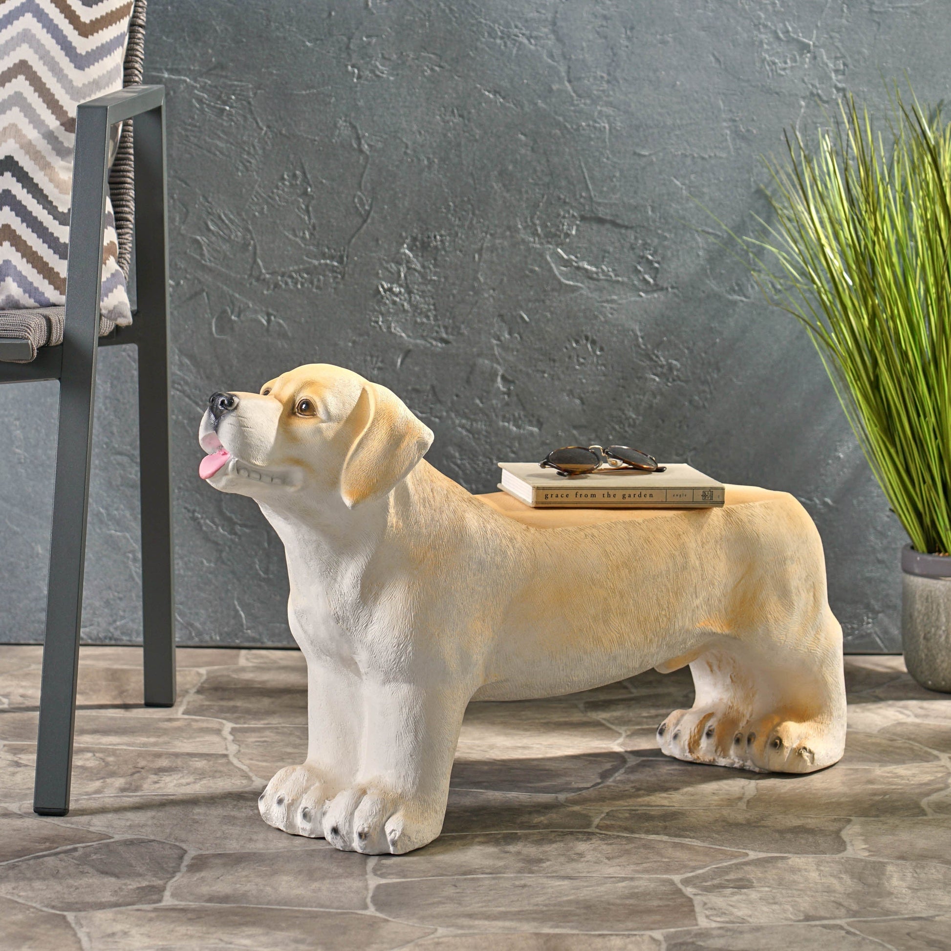 Outdoor MGO Dog Bench by HouseOfZazla in light brown dog-shaped bench with woven cushion on Tampa Home & Garden Store
