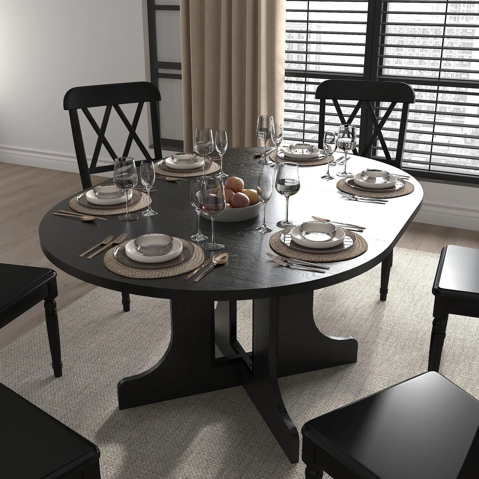 Dining table black oval expandable top with removable leaf and X trestle base for six on Tampa Home & Garden Store