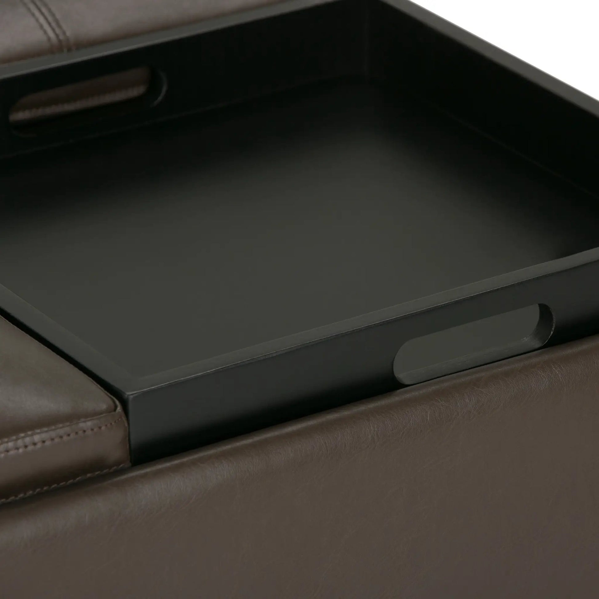 Avalon square storage ottoman coffee table in brown leather with a black interior on Tampa Home & Garden Store